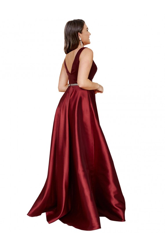 Sleeveless Deep V-Neck A-Line Satin Prom Dress with Pockets Clearance
