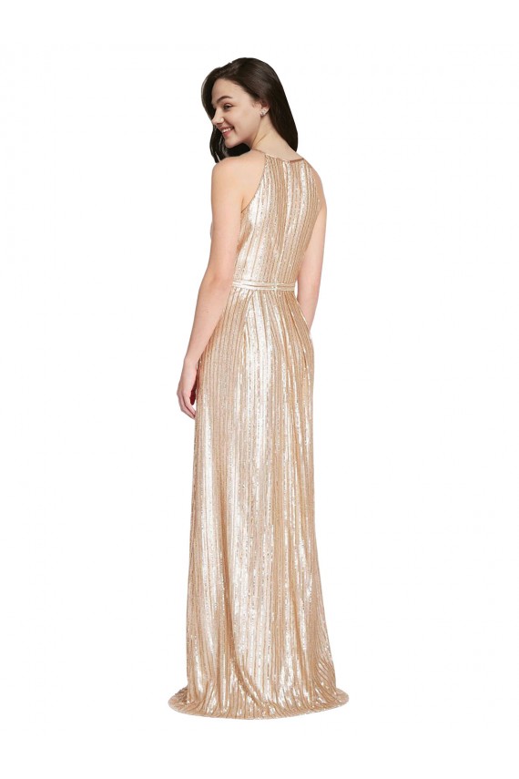 Floor Length Halter Neck Sparkling Sequin Prom Dress with Pleats Clearance