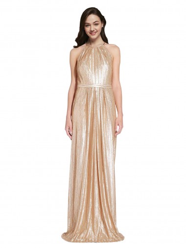 Floor Length Halter Neck Sparkling Sequin Prom Dress with Pleats Clearance