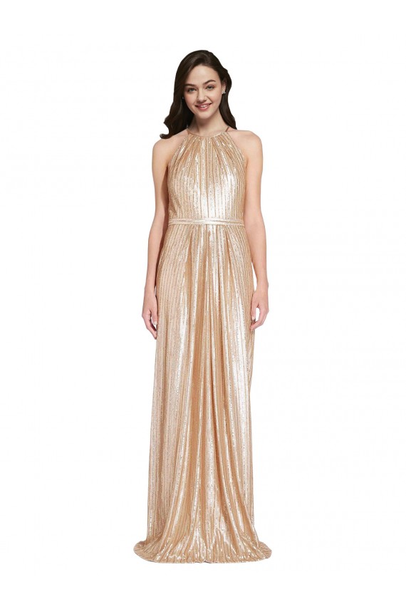 Floor Length Halter Neck Sparkling Sequin Prom Dress with Pleats Clearance