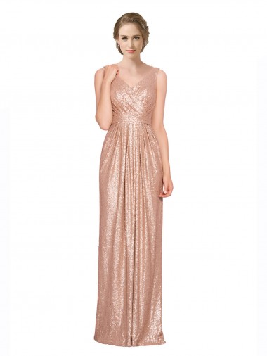 Draped V-Neck Striking Sheath Floor Length Sequin Prom Dress Clearance