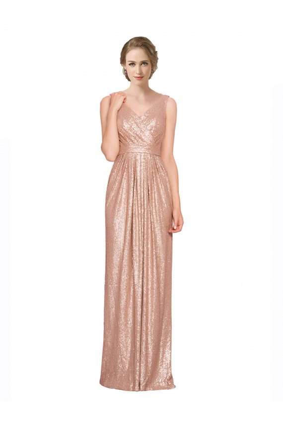 Draped V-Neck Striking Sheath Floor Length Sequin Prom Dress Clearance