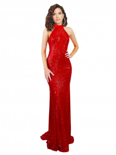 Halter High Neck Mermaid Open Back Sequin Prom Dress Clearance