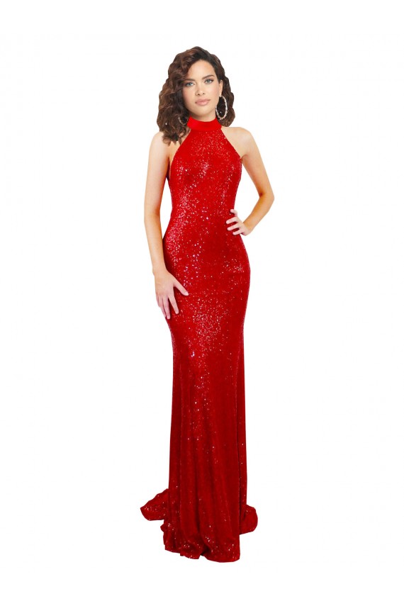 Halter High Neck Mermaid Open Back Sequin Prom Dress Clearance