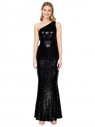 Draped One Shoulder Long Full Length Sequin Prom Dress Clearance