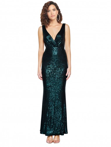 V-Neck Full Length Sequin Prom Dress with Draped Back Clearance