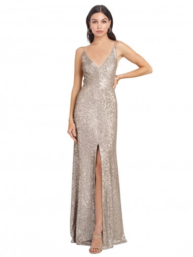 V-Neck Fully Sequin Prom Dress with V-Back and Front Slit Clearance