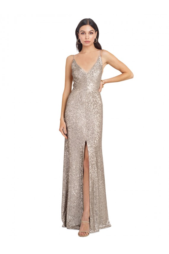 V-Neck Fully Sequin Prom Dress with V-Back and Front Slit Clearance