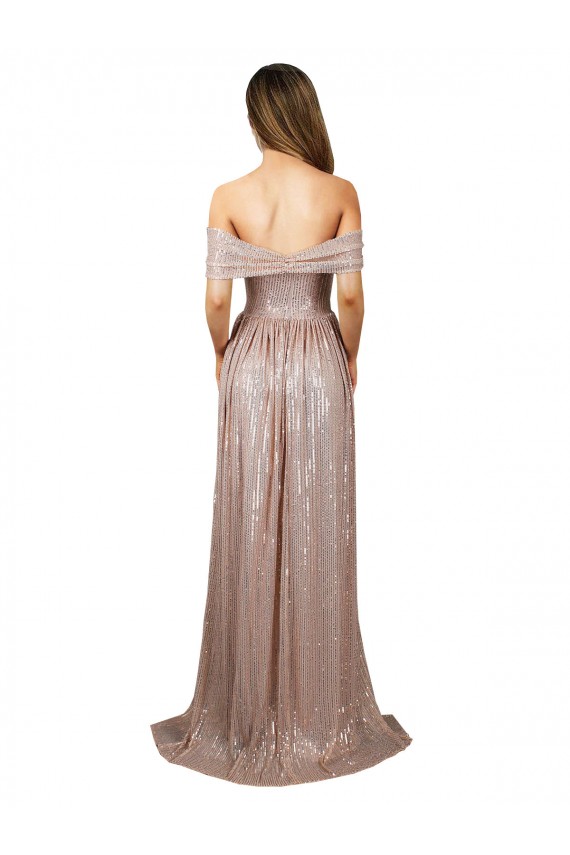Strapless Scoop Neck Off the Shoulder Long Sequin Prom Dress with High Slit Clearance