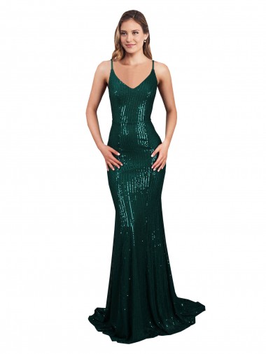 Fishtail Shaped V-Neck Open Back Long Sequin Prom Dress Clearance