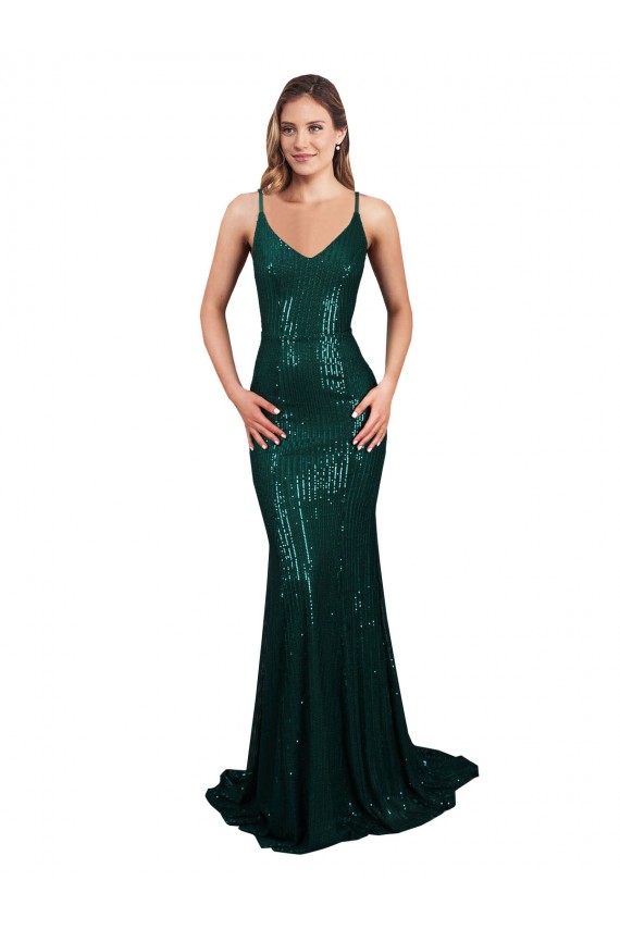 Fishtail Shaped V-Neck Open Back Long Sequin Prom Dress Clearance