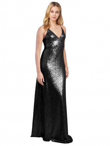 Full Length A-Line Sequin Prom Dress with Spaghetti Straps V-Neckline Clearance