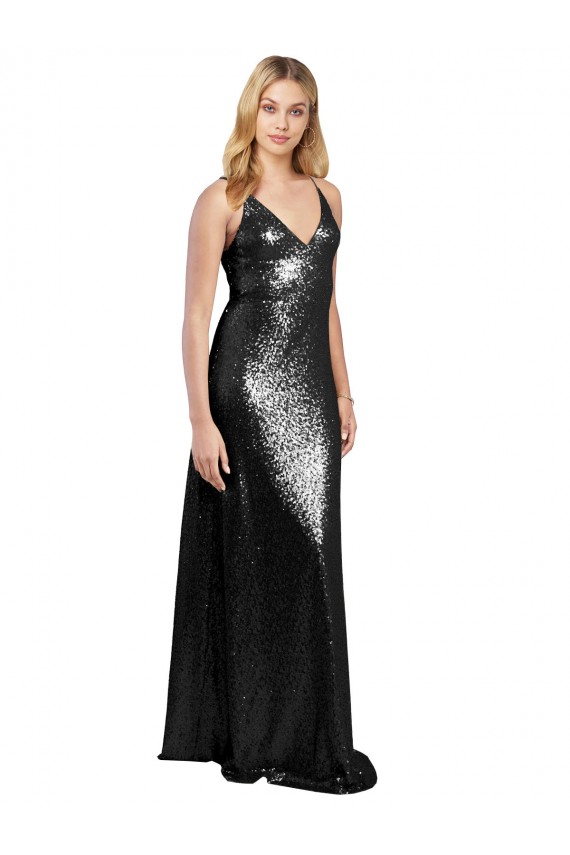 Full Length A-Line Sequin Prom Dress with Spaghetti Straps V-Neckline Clearance
