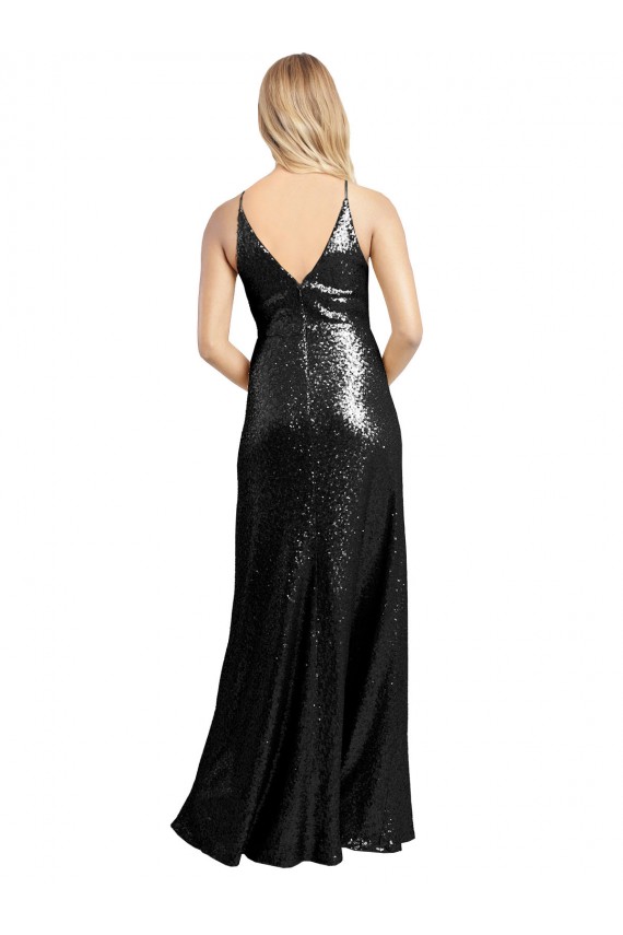 Full Length A-Line Sequin Prom Dress with Spaghetti Straps V-Neckline Clearance