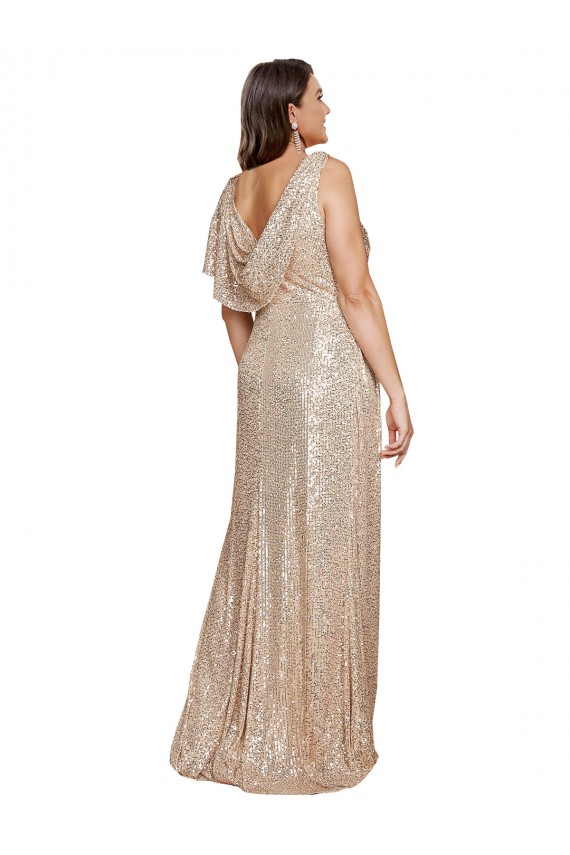 Deep V-Neck Sleeveless Sparkling Sequin Prom Dress with Draped Cowl Back Clearance