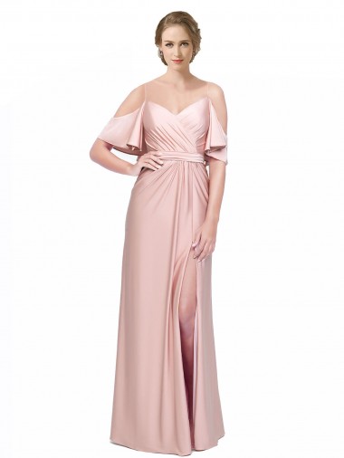 Draped Cold Shoulder Sleeves Long Silky Satin Prom Dress with Slit and Tie Back Clearance