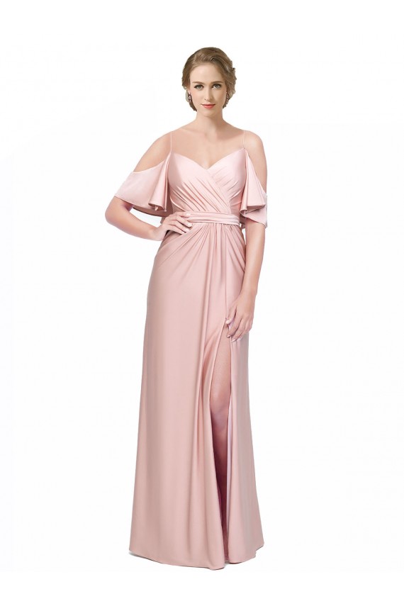 Draped Cold Shoulder Sleeves Long Silky Satin Prom Dress with Slit and Tie Back Clearance
