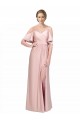 Draped Cold Shoulder Sleeves Long Silky Satin Prom Dress with Slit and Tie Back Clearance