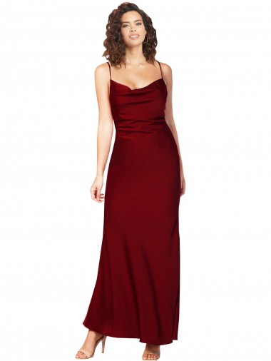 Cowl Neck Low Back Silky Satin Prom Dress with Thin Back Straps Clearance