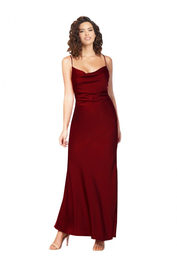 Cowl Neck Low Back Silky Satin Prom Dress with Thin Back Straps Clearance