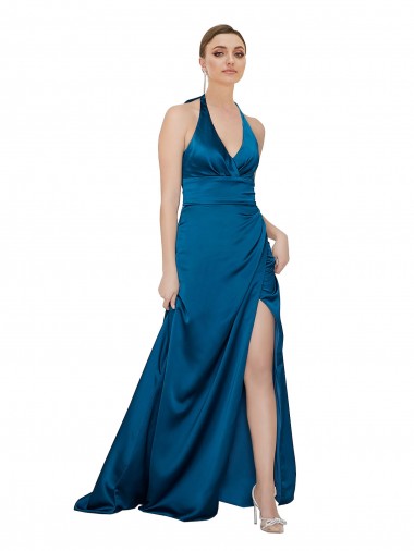 Halter Neck Silky Satin Prom Dress Clearance
