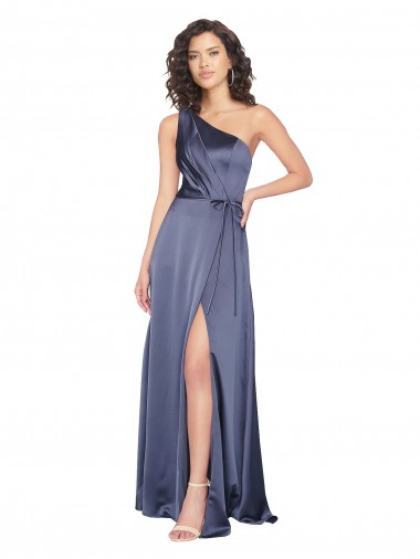 Draped Silky Satin Prom Dress with Tied Waist Clearance