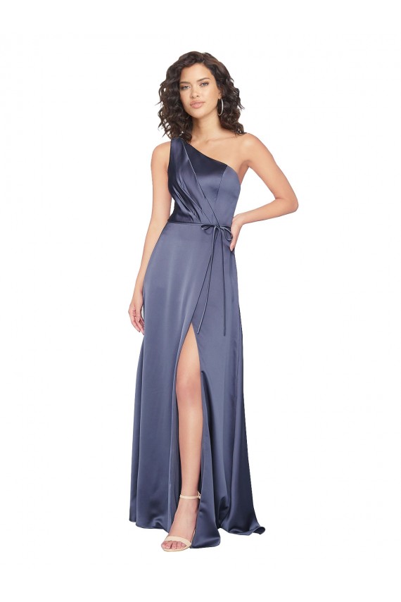 Draped Silky Satin Prom Dress with Tied Waist Clearance