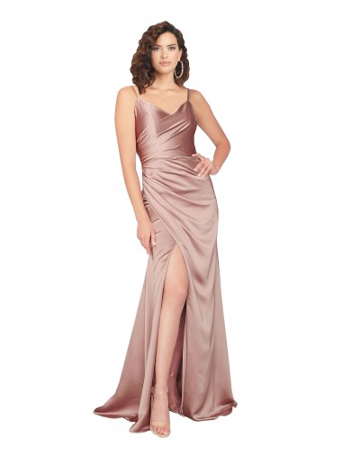 Floor Length Silky Satin Prom Dress with Front Skirt Slit Clearance