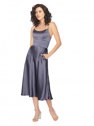 Midi Length Silky Satin Cocktail Prom Dress / Homecoming Dress with Open Tied Back Clearance
