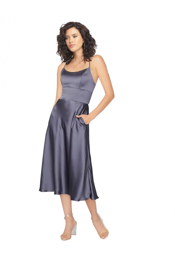 Midi Length Silky Satin Cocktail Prom Dress / Homecoming Dress with Open Tied Back Clearance