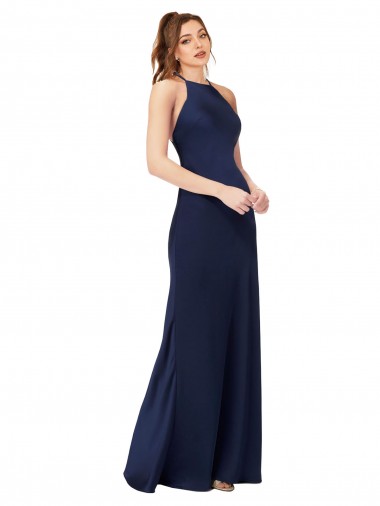 High Neck Satin Prom Dress with Strappy Back Clearance