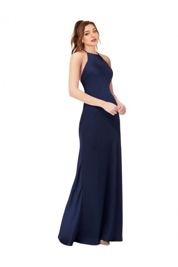 High Neck Satin Prom Dress with Strappy Back Clearance
