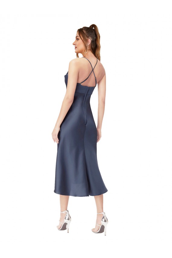 High Low Silky Satin Cowl Neck Midi Length Cocktail Prom Dress / Homecoming Dress Clearance