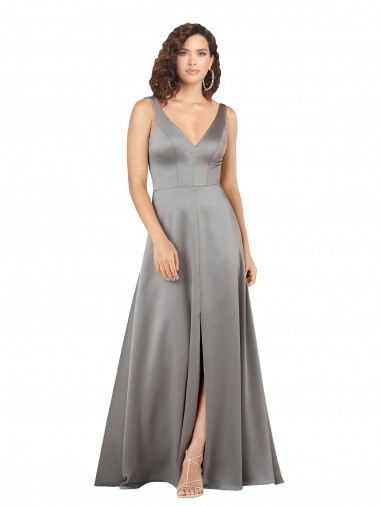 Plunging V-Neckline Long A-Line Silky Satin Prom Dress Clearance