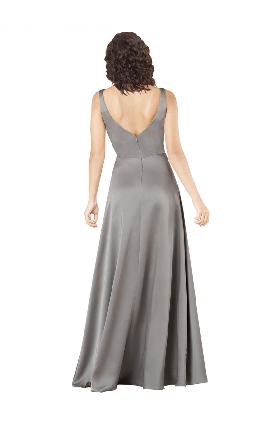 Plunging V-Neckline Long A-Line Silky Satin Prom Dress Clearance