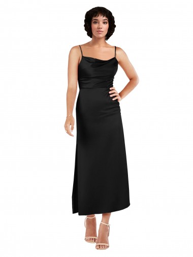 Cowl Neck Tea-Length Short Silky Satin Cocktail Prom Dress / Homecoming Dress with Skirt Slit Clearance