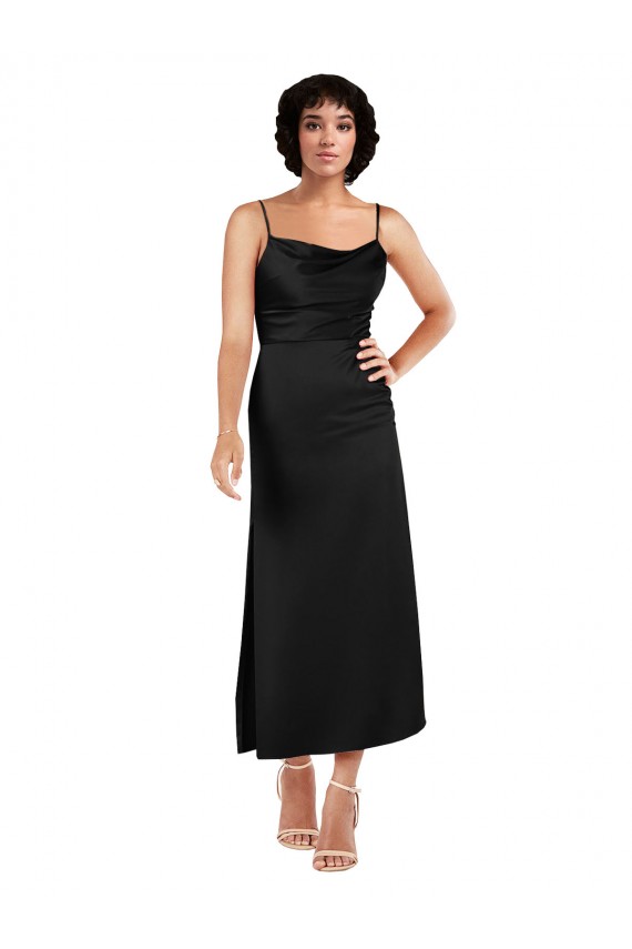 Cowl Neck Tea-Length Short Silky Satin Cocktail Prom Dress / Homecoming Dress with Skirt Slit Clearance