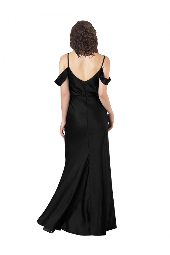 Off the Shoulder Sleeves Silky Satin Prom Dress with Skirt Slit Clearance