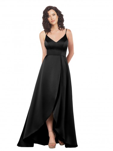 High Low V-Neckline Silky Satin Tulip Prom Dress with Wrap Skirt Clearance