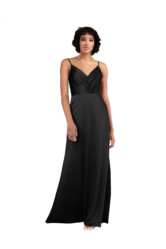 Full Length V-Neckline Silky Satin Prom Dress with Spaghetti Straps Clearance