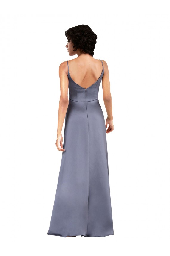 Full Length V-Neckline Silky Satin Prom Dress with Spaghetti Straps Clearance