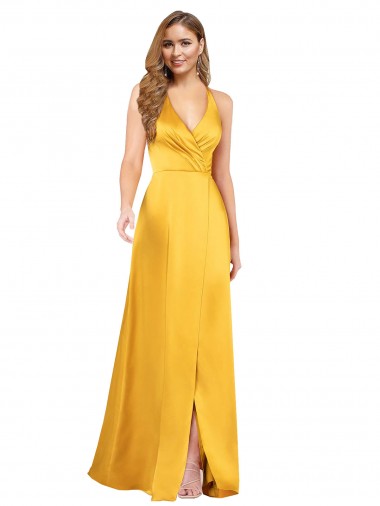 Halter A-Line Silky Satin Prom Dress with V-Neckline and Slit Clearance