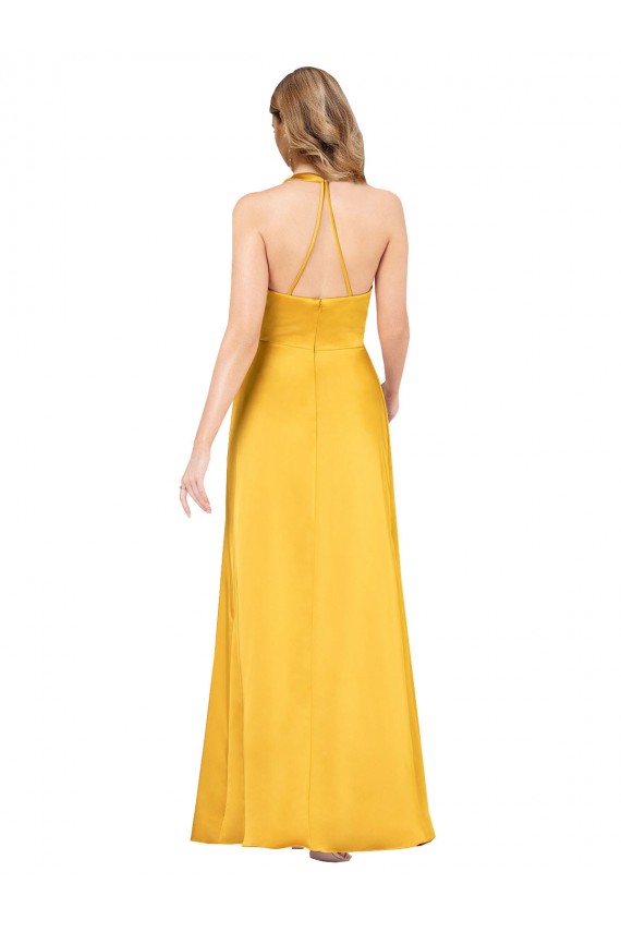 Halter A-Line Silky Satin Prom Dress with V-Neckline and Slit Clearance