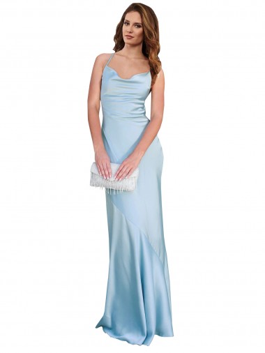 Open Back with Ties Cowl Neck Sheath Silky Satin Long Bridessmaid Dress Clearance