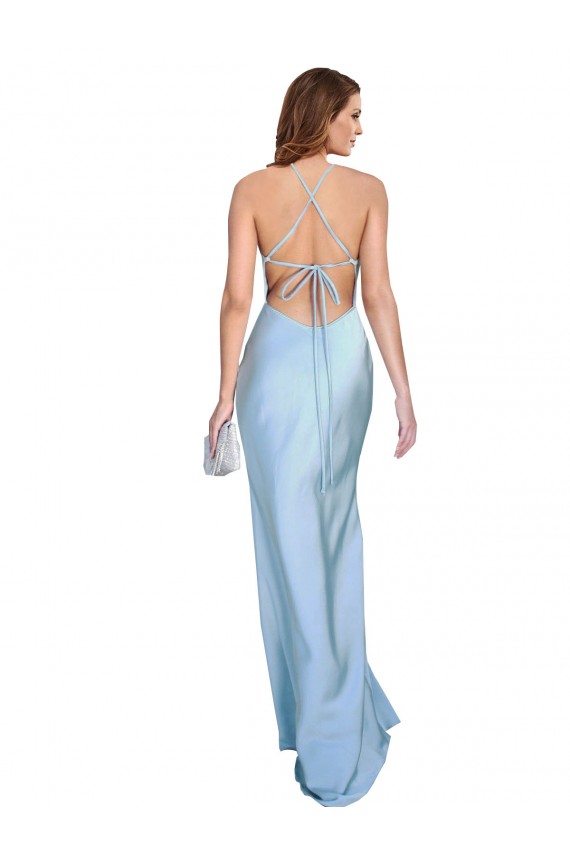 Open Back with Ties Cowl Neck Sheath Silky Satin Long Bridessmaid Dress Clearance