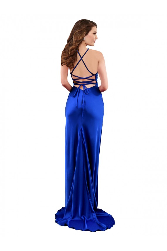 Open Back Cowl Neck Long Silky Satin Prom Dress Clearance