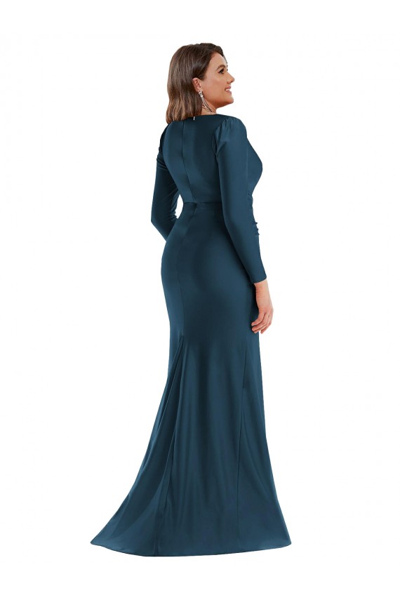 Long Sleeves Draped Wrap Silky Satin Mermaid Prom Dress with Front Slit Clearance