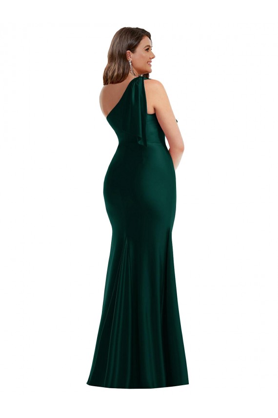 Cascading Bow One Shoulder Silky Satin Mermaid Prom Dress with Front Slit Clearance