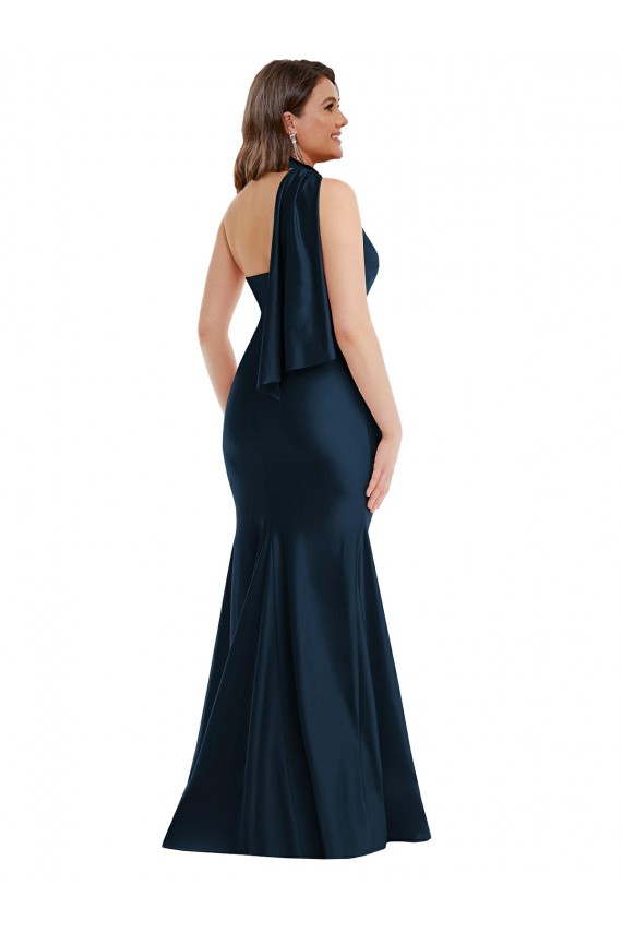 Scarf Neck One Shoulder Silky Satin Mermaid Prom Dress with Front Slit Clearance