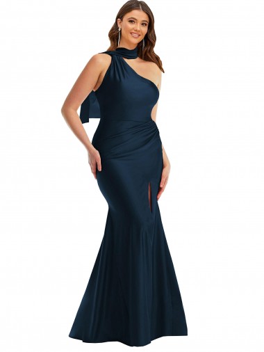 Scarf Neck One Shoulder Silky Satin Mermaid Prom Dress with Front Slit Clearance